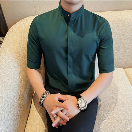 Summer New Standing Collar Half Sleeve Shirts For Men Invisible Button Up Design Slim Casual Business Social Shirt Club Outfits