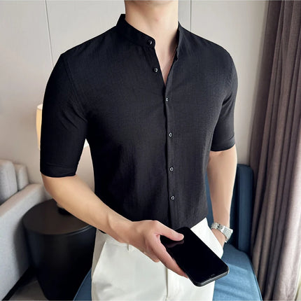 2024 Summer New Chinese Style Linen Shirts Men's Half sleeve Stand-Up Collar Linen Cotton Business Casual Slim Versatile Shirts