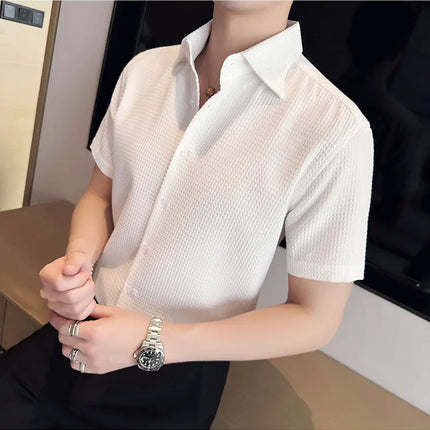 2023 Summer Waffle Short Sleeved Shirt Men Fashion Casual Solid Color Lapel Loose Shirt Male Korean Social Business Dress Blouse
