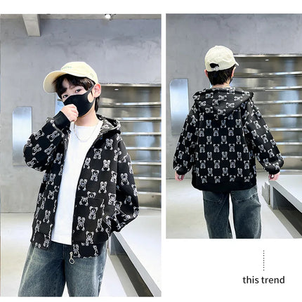 Spring Autumn Boys All-Over Printed Zip Sweatshirt Jackets School Kids Track Hoodie Coat Child Outfit Tops Workout Jumper 3-14Yr