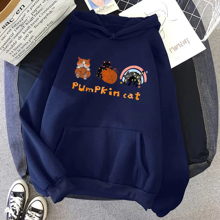 2024 Women Halloween Sweatshirt Cat And Pumpkin Pattern Cotton Drawstring Jumper Hoodie Unisex Fashion Casual Loose Sportshoodie