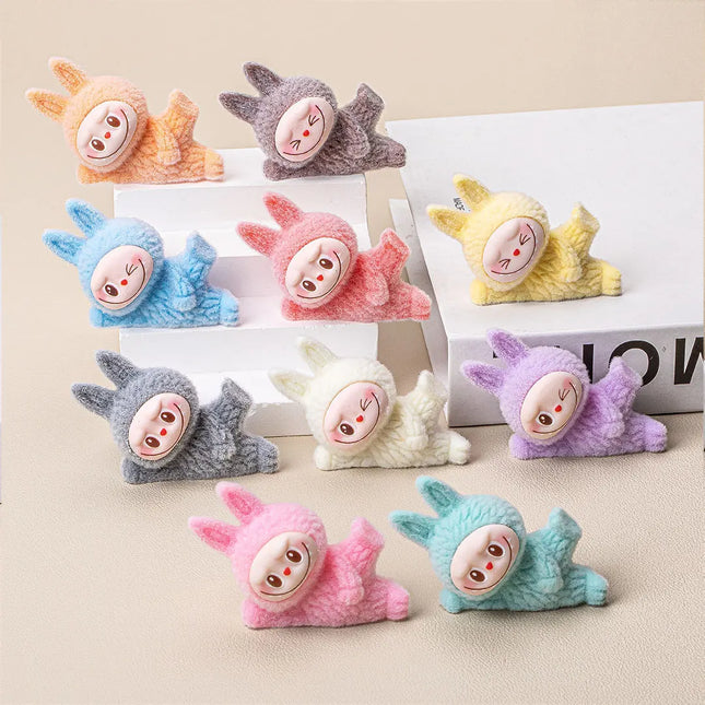 Mini Labubu Lying On The Side Doll Macaron Anime Figurine Model Ornament Cute Blind Bag Keychain Pendant Mini Ornament Kid Gifts
