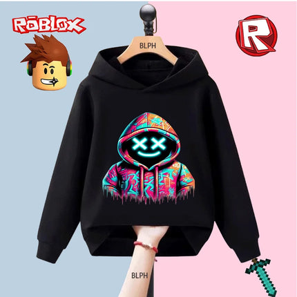 Kids Hoodie with Roblox Graffiti Design, Neon X - Eyes Smile Graphic, Colorful Drip - Paint Style, Fashion Streetwear for Boys