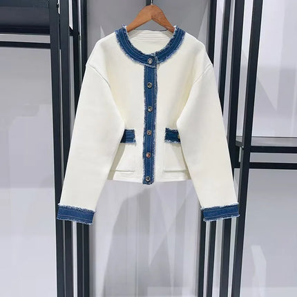 2025 Women's contrast denim patchwork knit jacket pocket o collar single breasted long sleeve women's short white coat 25A084