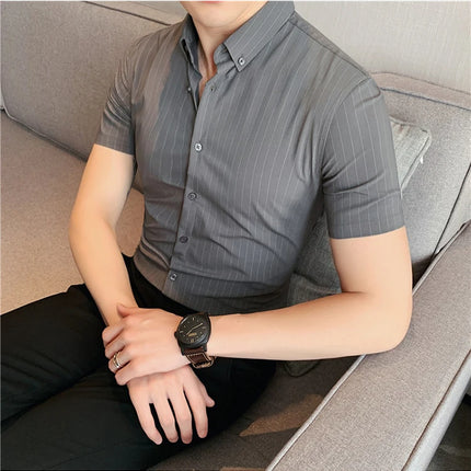 High Quality Pinstripe Casual Shirts  For Men 2024 Summer Slim Fit Business Social Elastic Social Party Shirt Plus Size 4XL-M