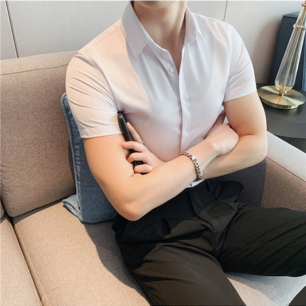 Summer Men Fashion Casual Short Sleeve Solid Shirt Super Slim Fit Male Social Business Dress Shirt Brand Men Casual Dress Blouse