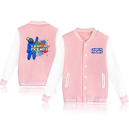 Rainbow Friends Printed Fleece Baseball Jacket European Size round Neck Loose Fit Women's Jacket Rainbow Colorful Outerwear