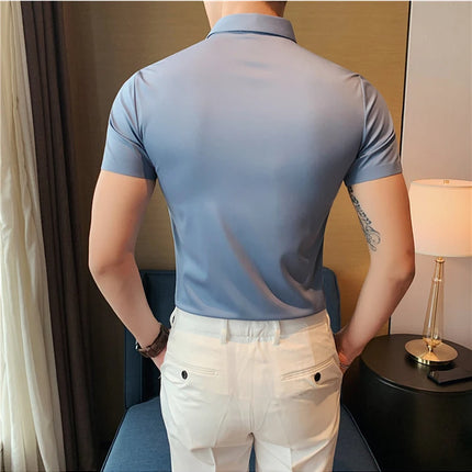 2025 Summer Ice Silk Seamless Shirt High Quality Silky Smooth Short Sleeve Slim Casual Business Tuxedo Shirts Mens Clothing 4XL