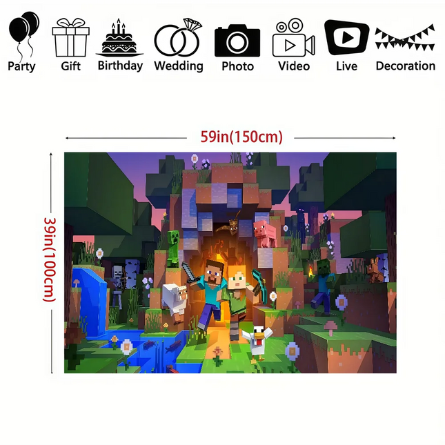 M-Minecraft Photo Backdrop Kids Happy Birthday Party Photography Backgrounds Banner Photoshoot Backdrops