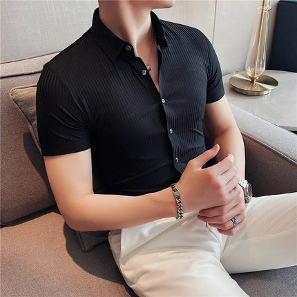 2024 Summer High Elasticity Seamless Short Sleeve Shirts Fashion Stripes Men Business Formal Wear Slim Fit Casual Dress Shirt