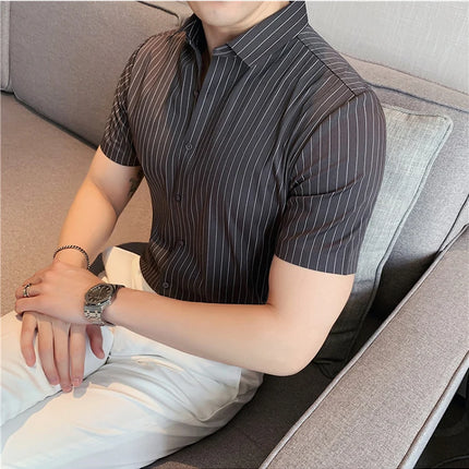 High Quality Ice Silk Traceless Striped Shirt Men's Summer Short Sleeve Slim Casual Business Shirts Tuxedo Men Clothing 4XL-M