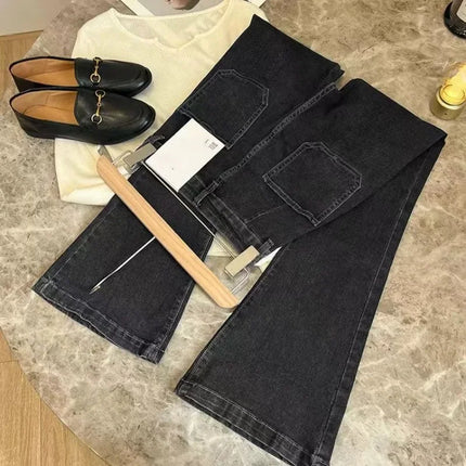 ZMZBCH High Waist Trousers Loose Washed Jeans Pockets Slim Denim Flare Classic Women Vintage Stretch Straight Trousers All-match