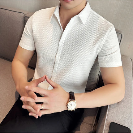 2024 Summer Waffle Shirt Luxury Men's Slim Fit Casual Short Sleeved Business Versatile Dress Shirt Men Clothing Plus Size 4XL-M