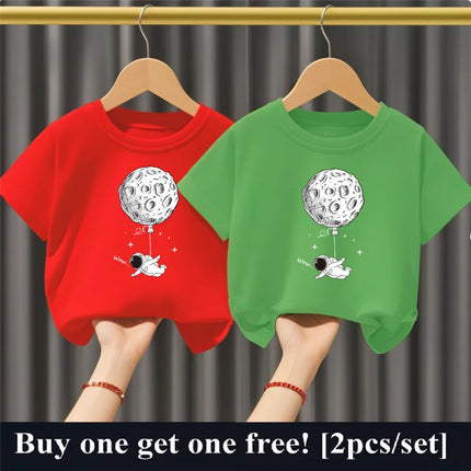 2pcs Boys Cartoon Astronaut  Print T Shirt Set Kids Cotton Short Sleeve Outfit Brother Friend Party Summer Tops 3-14years