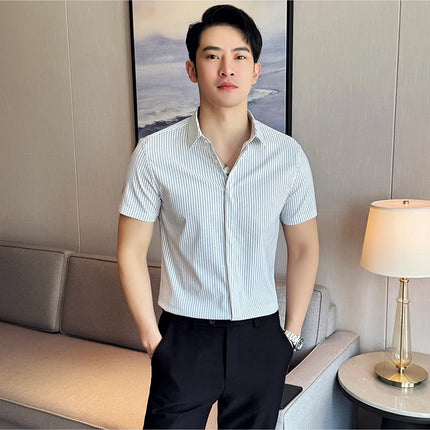 2024 Summer Fashion Vertical Striped Shirts Luxury Men's Hidden Button Short Sleeved Slim Fit Casual Business Shirt Men Clothing