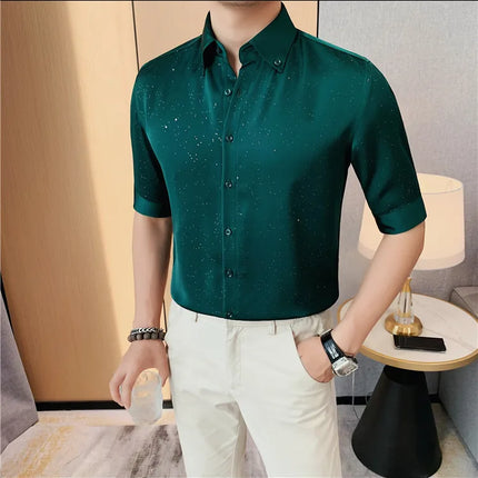 Summer New Powder Shiny Shirts Fashion Men's V-neck Half Sleeve Slim Fit Casual Shirts Social Personality  Top Club Outfits