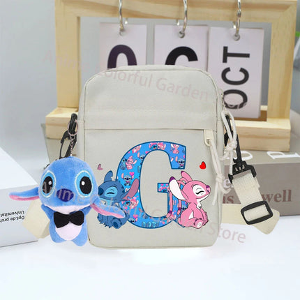 Disney Stitch Canvas Shoulder Bags with Doll Cartoon Letter A-Z Printed Fashion Handbag Multi Pocket Zipper Crossbody Bag Gifts