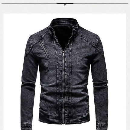 Cowboy jacket men's retro style personalized slim fit stand up collar zipper warm workwear jacket motorcycle riding suit