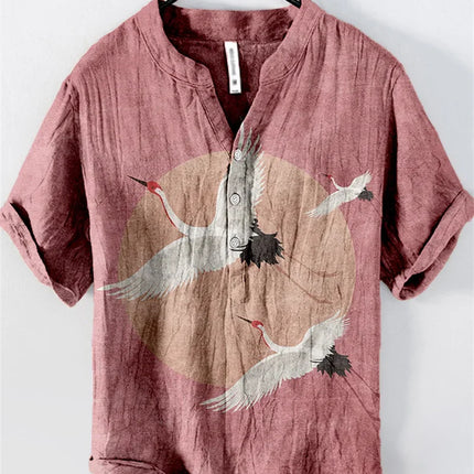 Henry men's casual fashion outdoor seaside men's tops shirt V-neck linen shirt 2024 new plus size