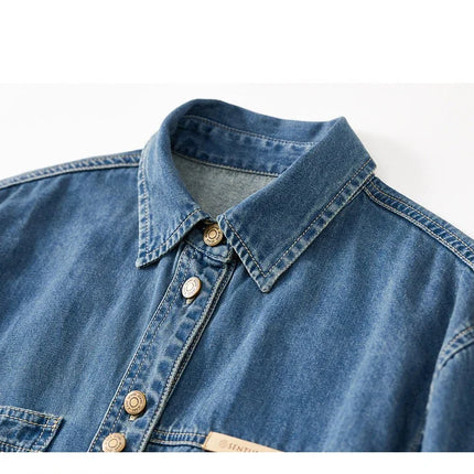 SENTUBILA 100% Cotton Washed Denim Jacket for Women 2025 Spring Retro Loose Patchwork Pockets Leather Logo Coat W43C56148