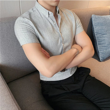 Plus Size 4XL-M Summer Mens Dark Striped Shirts Short Sleeve Fashion 2022 Korean Slim Casual Business Formal Wear Dress Blouse