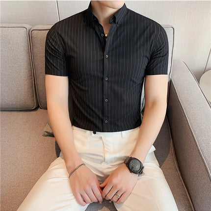 High Quality Pinstripe Casual Shirts  For Men 2024 Summer Slim Fit Business Social Elastic Social Party Shirt Plus Size 4XL-M