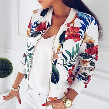 Women Jacket Elegant Flower Leaves Print Sports Women Long Sleeve Baseball Jacket Zip Coat Autumn BomberJackets Women Clothing