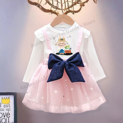 Labubu Sweet Mesh Dress with Bow for Girls Anime Cartoon Cute Suspender Skirt Children Spring Fashion Fake Two Dresses Gifts