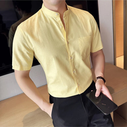 Summer New Chinese Style Linen Cotton Shirts Men's Standing Collar Short Sleeved Thin Breathable Shirt Tops Streetwear 4XL-M