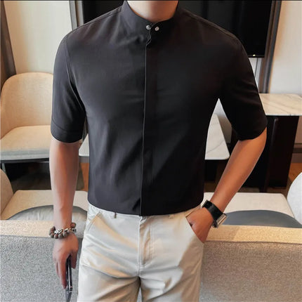 Summer New Standing Collar Half Sleeve Shirts For Men Invisible Button Up Design Slim Casual Business Social Shirt Club Outfits