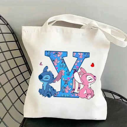 Disney Stitch Fashion Canvas Tote Bag for Women Anime Letter A-Z Printed Shoulder Bag Students Commute Portable Handbags Gifts