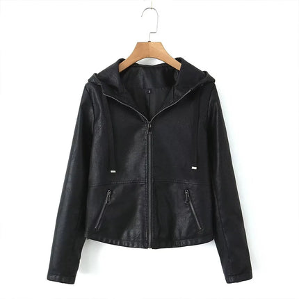 Autumn 2024 new women's fashion casual Joker temperament commuting slim zipper hooded leather jacket.