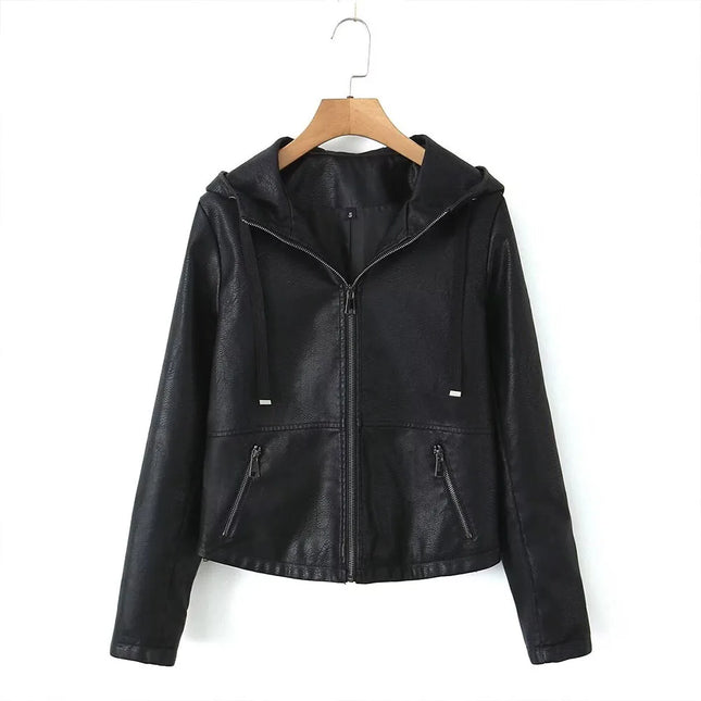 Autumn 2024 new women's fashion casual Joker temperament commuting slim zipper hooded leather jacket.