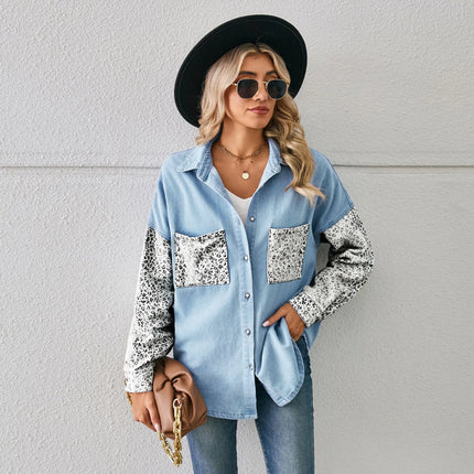 Washed Denim Jacket For Women Blouse Tops Long Sleeve Leopard Print Lady Shirt Casual Pocket Spring Women's Jean Cardigans