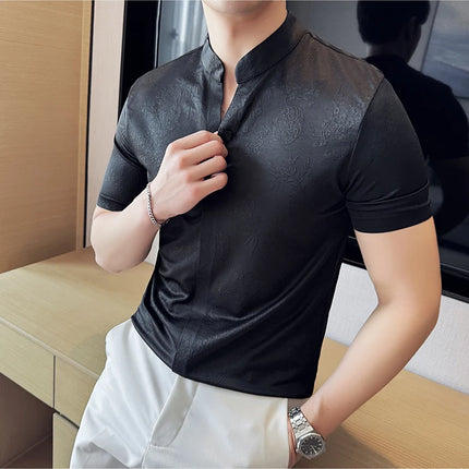 New Chinese Style Stand-up Collar Seamless Polo Shirts Summer Fashion Jacquard Short Sleeve Slim Elasticity Breathable T-shirt