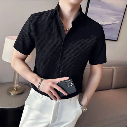 2023 Summer Waffle Short Sleeved Shirt Men Fashion Casual Solid Color Lapel Loose Shirt Male Korean Social Business Dress Blouse