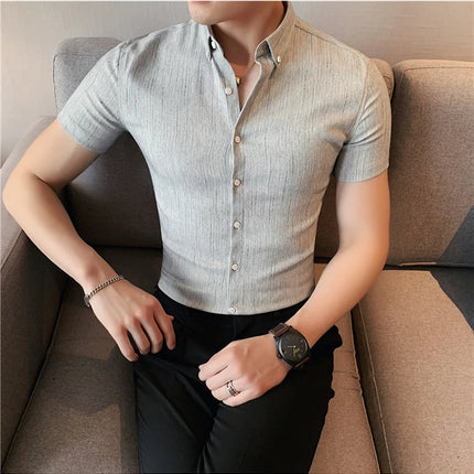 Plus Size 4XL-M Summer Mens Dark Striped Shirts Short Sleeve Fashion 2022 Korean Slim Casual Business Formal Wear Dress Blouse