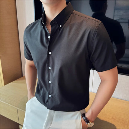 Plus Size 4XL-M High Quality Bamboo Fiber Fabric Dark Stripes Shirts Men Summer Slim Fit Casual Thin Breathable Social Shirt
