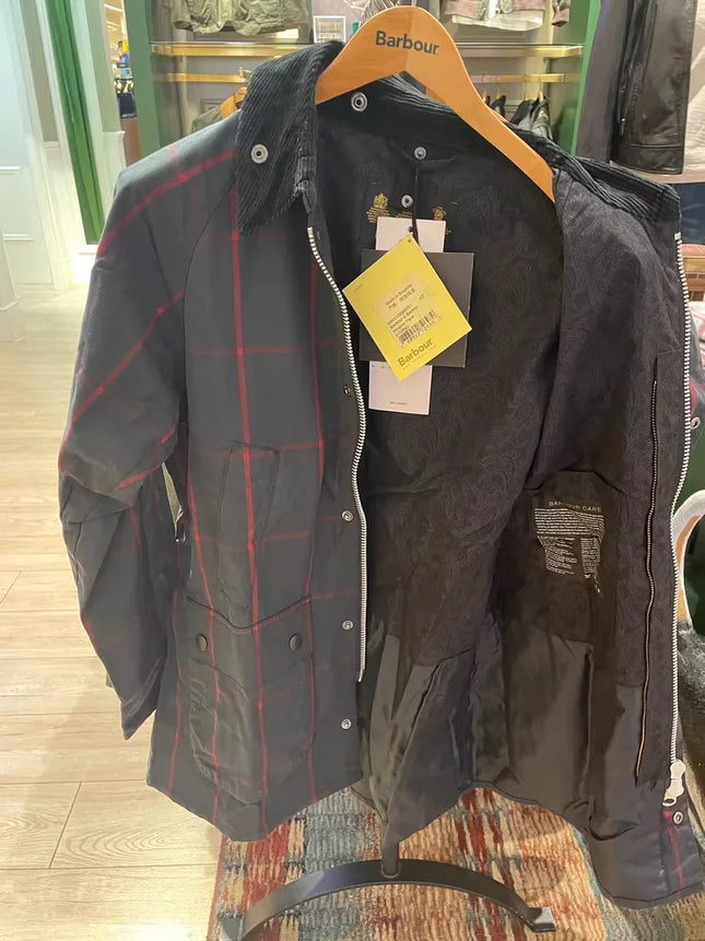 B@r Bedale Wax Coat Plaid Blue Triple Crown Slim Fit
