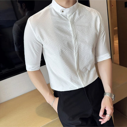New Chinese Style Stand Up Collar Slim Fit Half Sleeved Shirts Men High Quality Striped Elegant Shirt Summer Social Party Dress