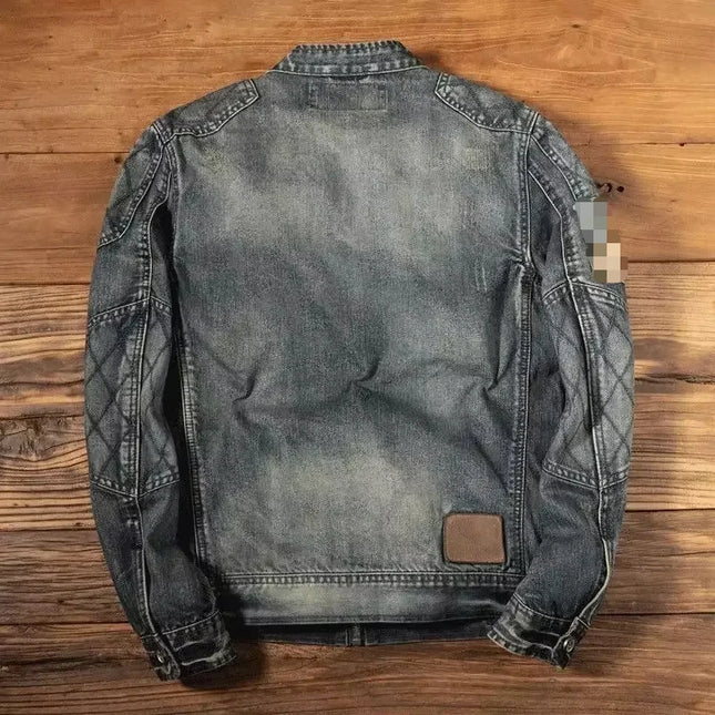 Luxury retro standing collar denim jacket for men's spring and autumn trendy brand loose oversized motorcycle jacket cotton