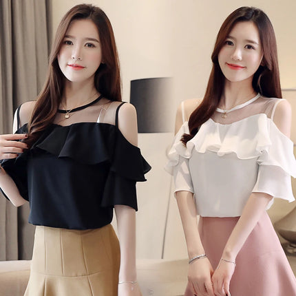 Mesh Chiffon Bluse Sommer Kurzarm Rüschen Tops Sexy Off Shoulder Shirt