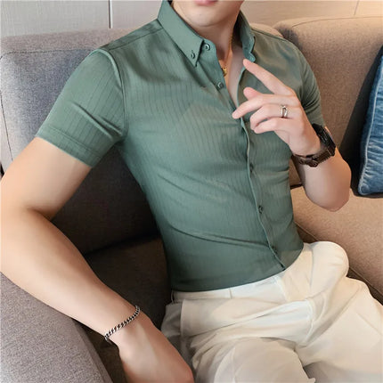 Plus Size 4XL-M Summer Mens Dark Striped Shirts Short Sleeve Fashion 2022 Korean Slim Fit Casual Business Formal Wear Blouse