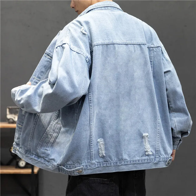 Light Blue Men Denim Jacket, Single Breasted Lapel Casual Coat, Washed Hole Decoration Top,Black,Gray Male Jackets,Asian Size