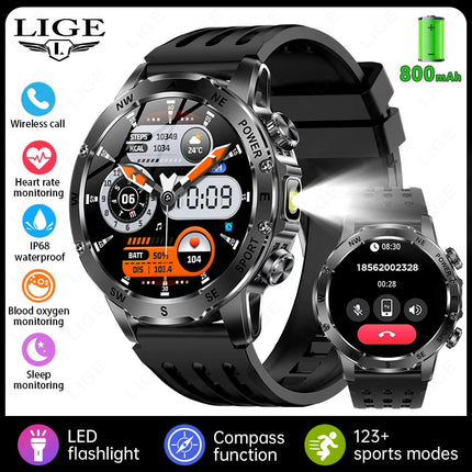 LIGE New 800mAh Super Capacity Battery Men Smart Watch 1.53" HD Bluetooth Call Compass LED Flashlight IP68 Sports Smartwatch Man