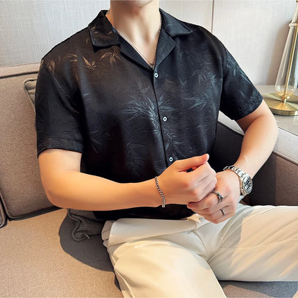 New Chinese Jacquard Shirt Luxury Men Elegant Print Slim Fit Casual Prom Social Shirts High Quality Summer Short Sleeved Tuxedo