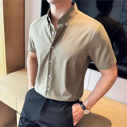 Plus Size 4XL-M High Quality Bamboo Fiber Fabric Dark Stripes Shirts Men Summer Slim Fit Casual Thin Breathable Social Shirt