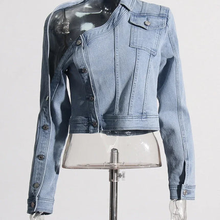 VGH Streetwear Spliced Button Chic Denim Jacket for Women Diagonal Collar Long Sleeve Patchwork Pockets Slim Short Coat Female