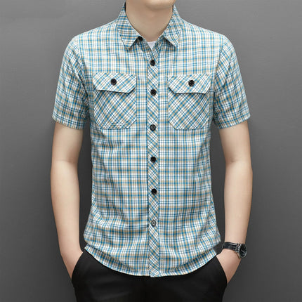 Summer Cotton Men's New in Shirt Slim Fit Plaid Striped Fashion Vintage Tops