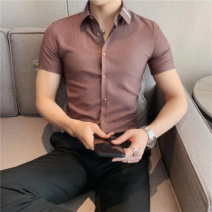 Summer High Quality Striped Ribbon Short Sleeve Shirt Men's Slim Fit Business Formal Wear Blouse Streetwear Plus Size 4XL-M